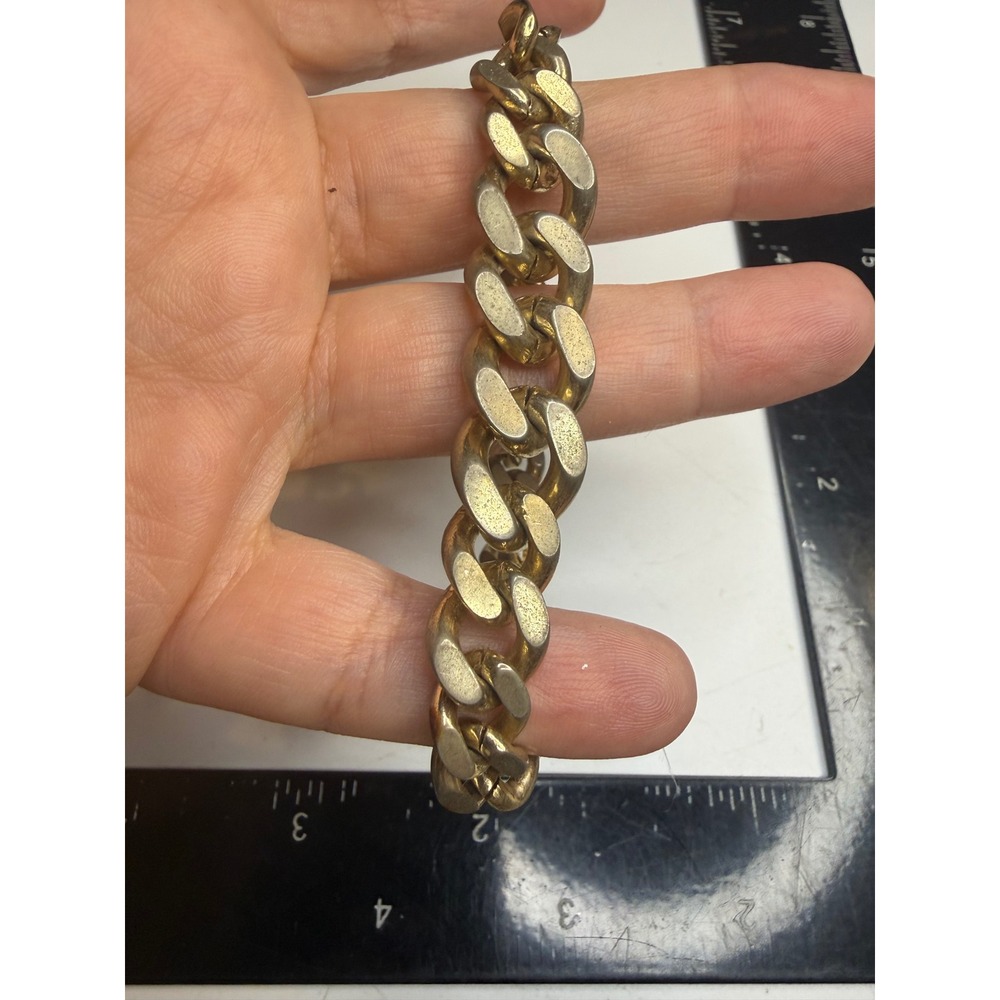 Gold Tone Chunky Curb Link Chain Bracelet Cuban Link Fold Over Clasp 8.5in